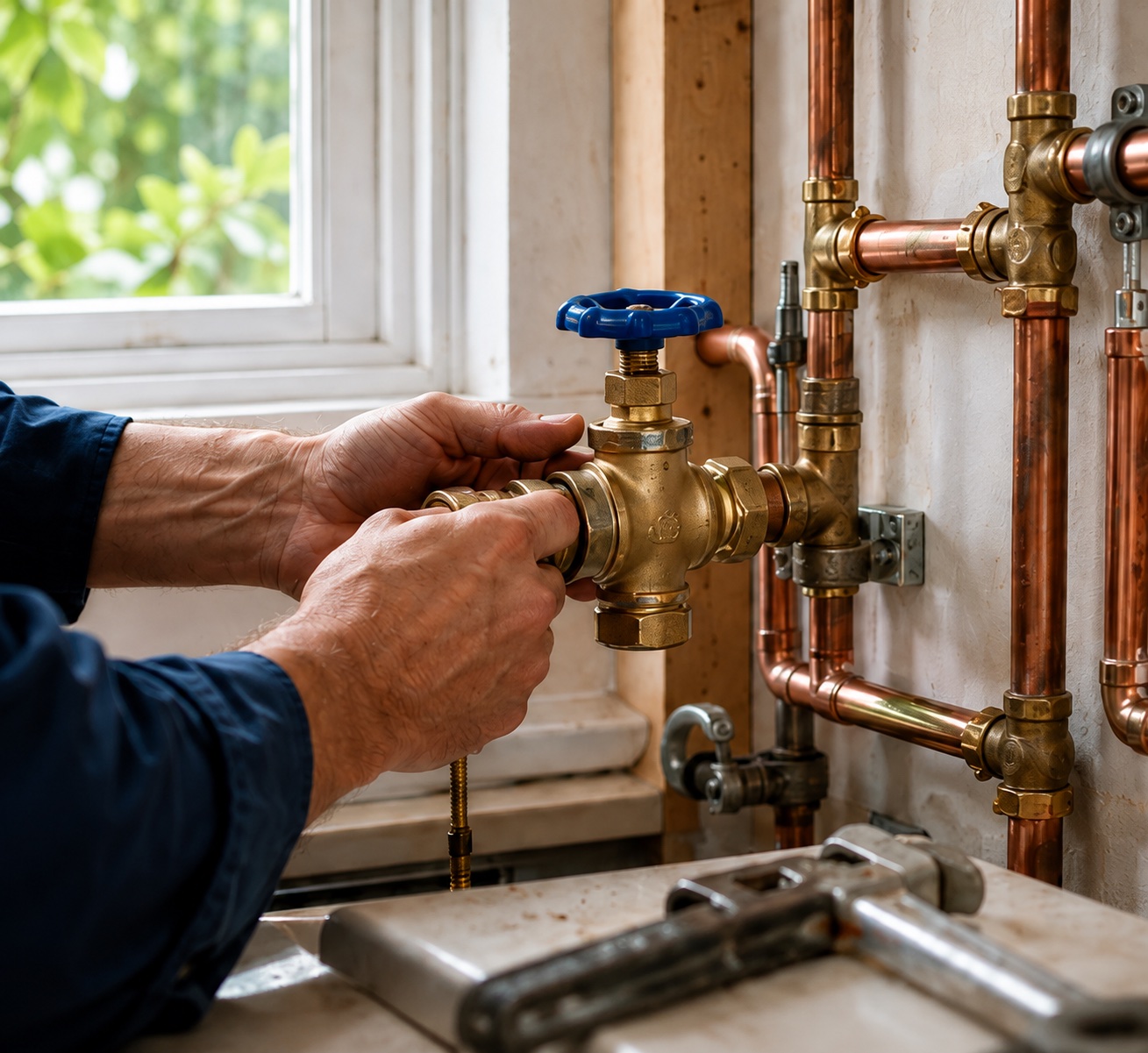 Illustrative photograph of a plumber working on a brass valve and copper pipes